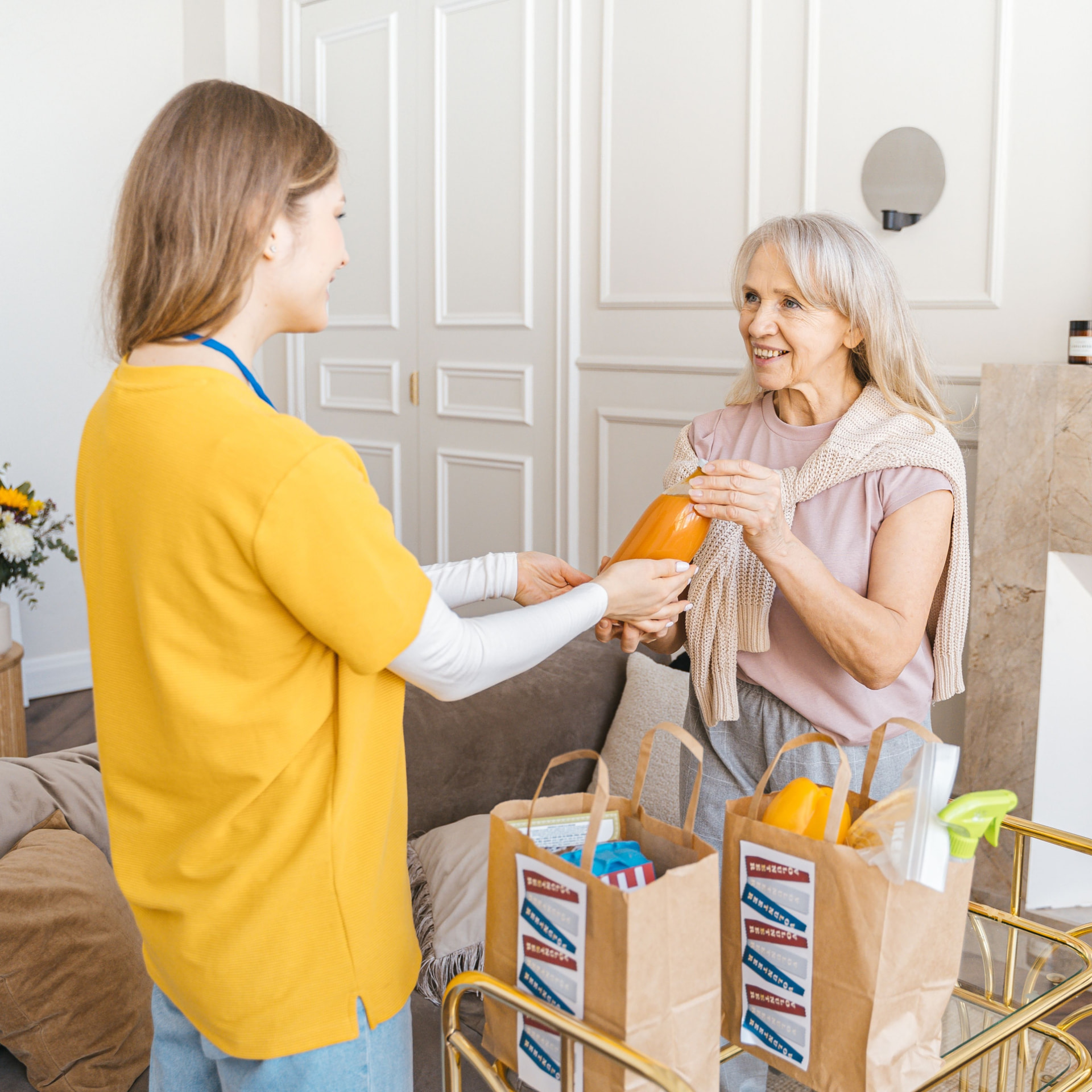 A caregiver delivering groceries to a smiling older woman at home