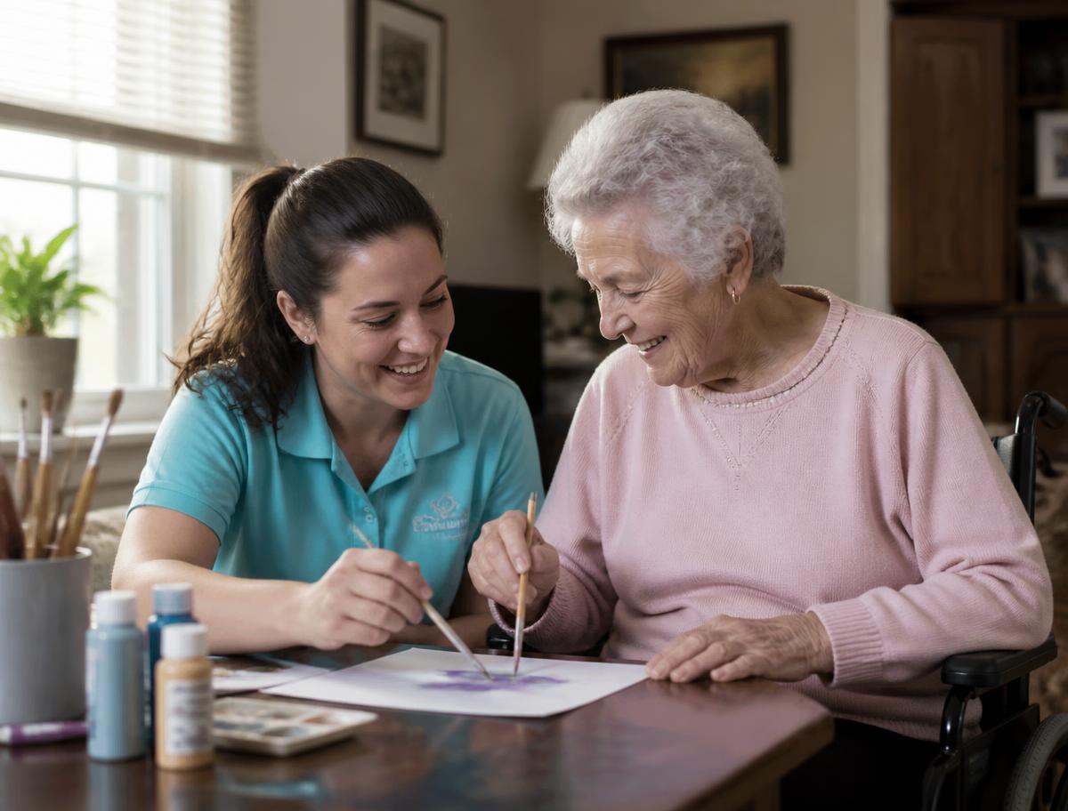 An adult using a wheelchair painting with a caregiver