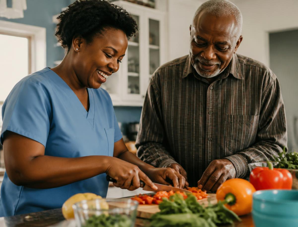 A person preparing a healthy meal with assistance