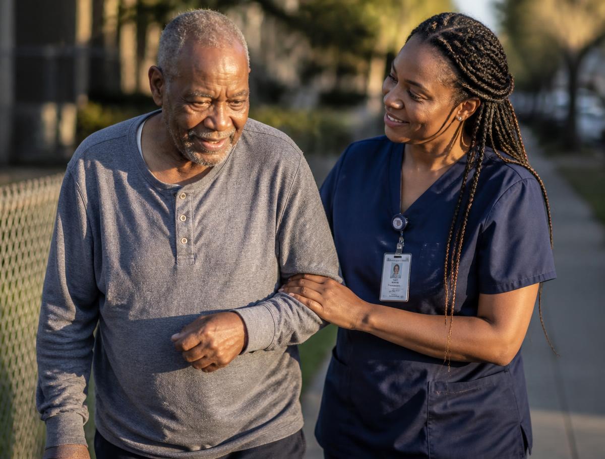 An older man walking outdoors with a caregiver