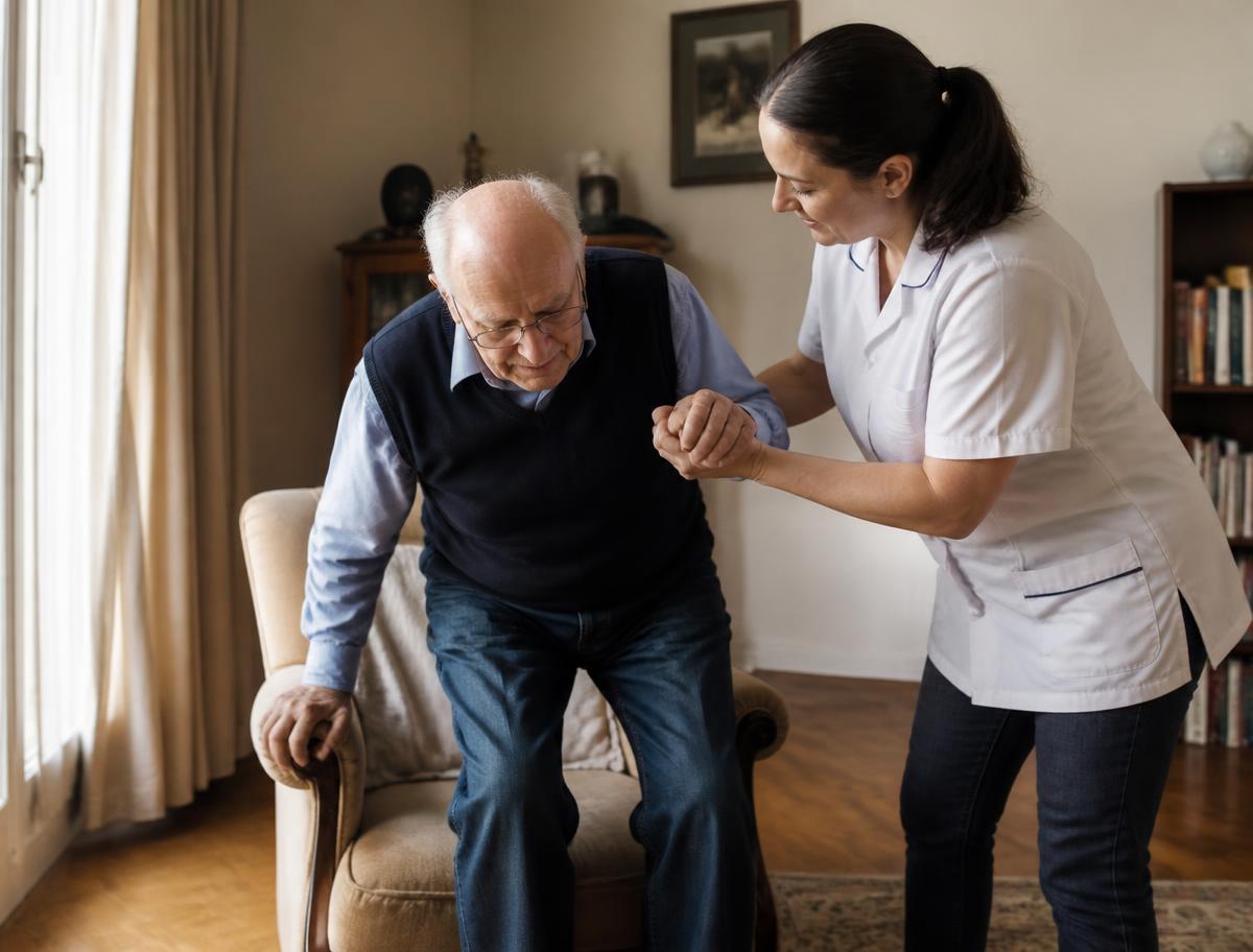 A caregiver respectfully assisting an older man at home