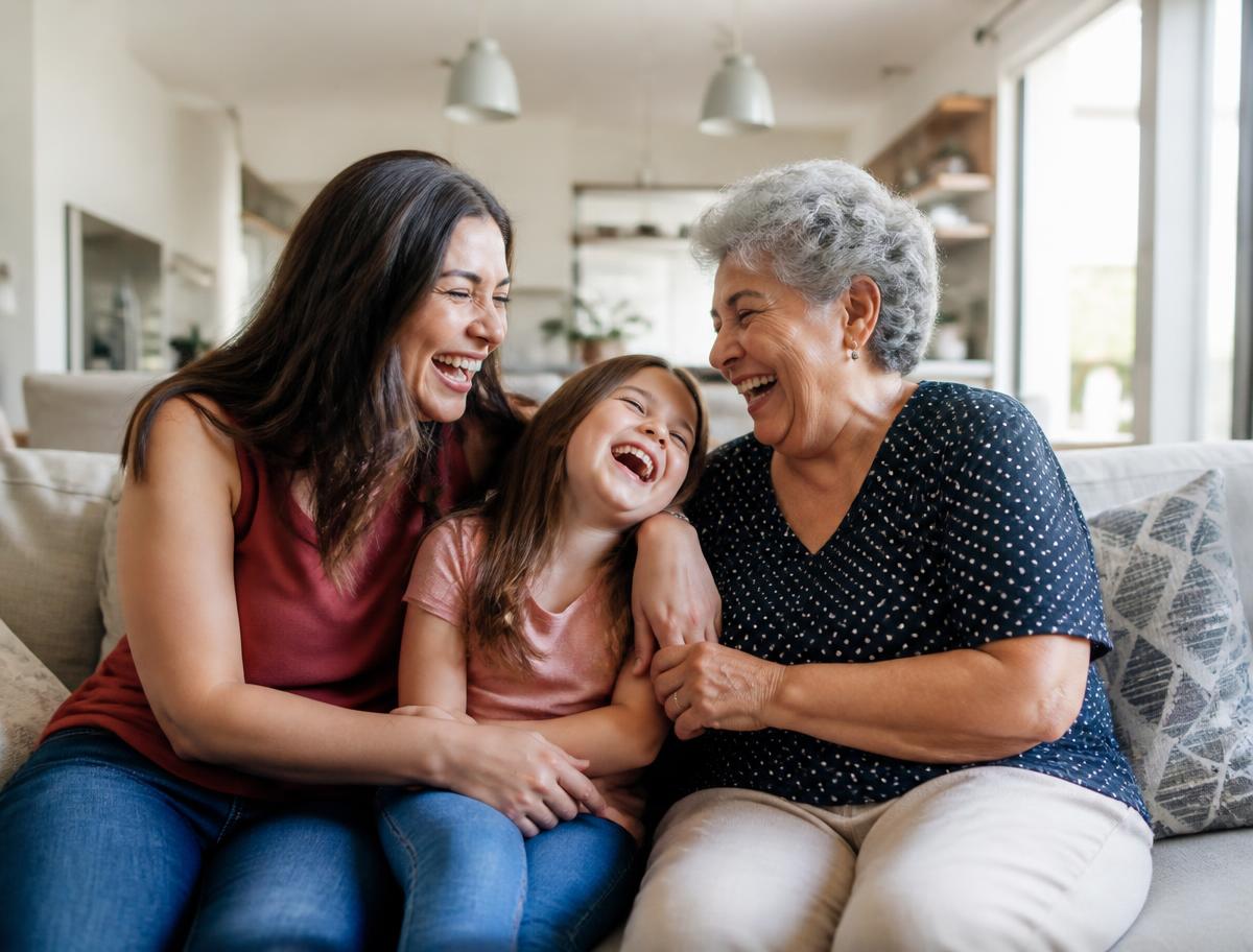 A family laughing together with their grandmother