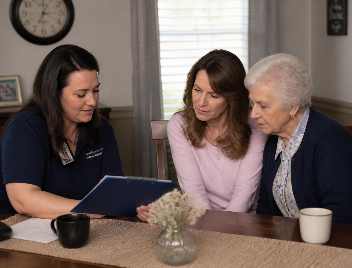 A care coordinator reviewing a care plan with a family