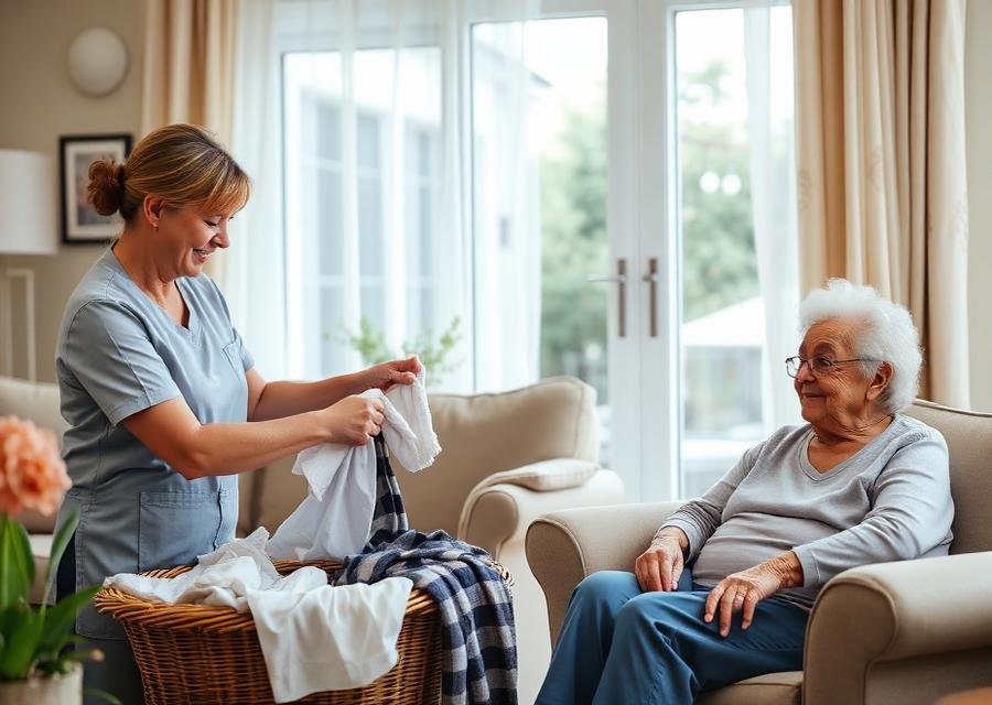 A caregiver folding laundry in a client's living room