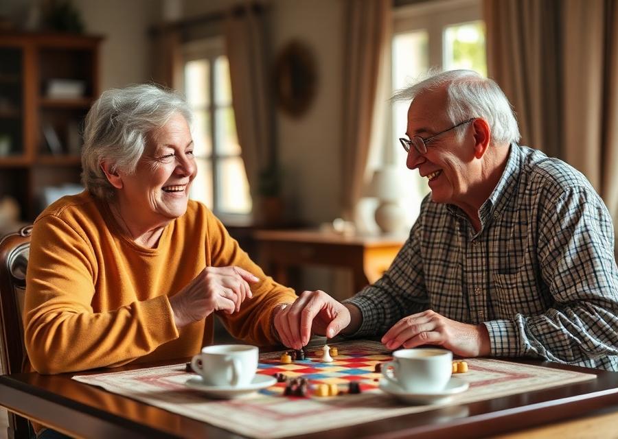 Two people laughing over a board game at home