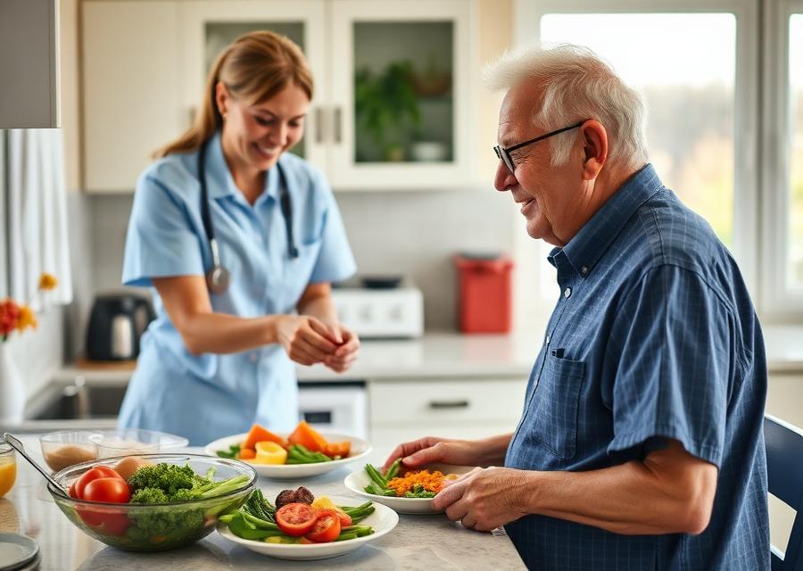 A caregiver preparing a healthy meal in a home kitchen