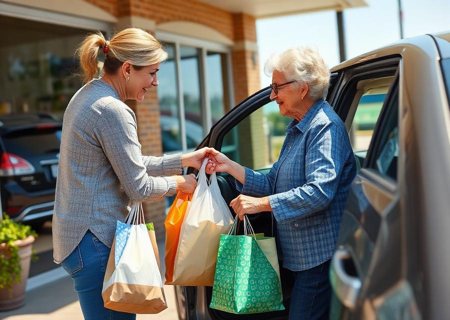 A caregiver helping a client with groceries outside a store