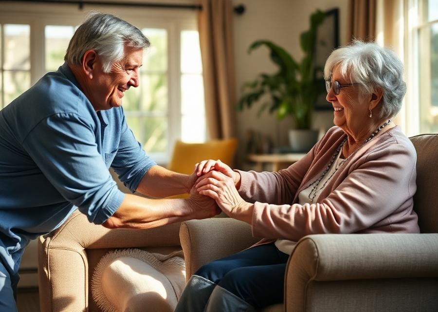 A caregiver holding hands with a smiling older woman