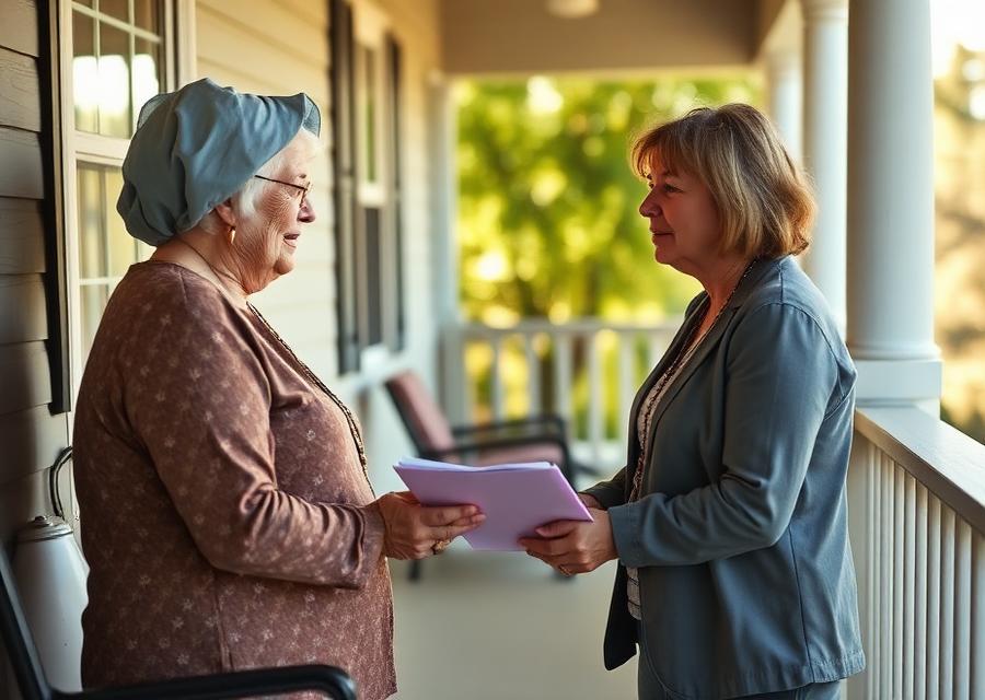 A care manager talking with a family caregiver on a porch